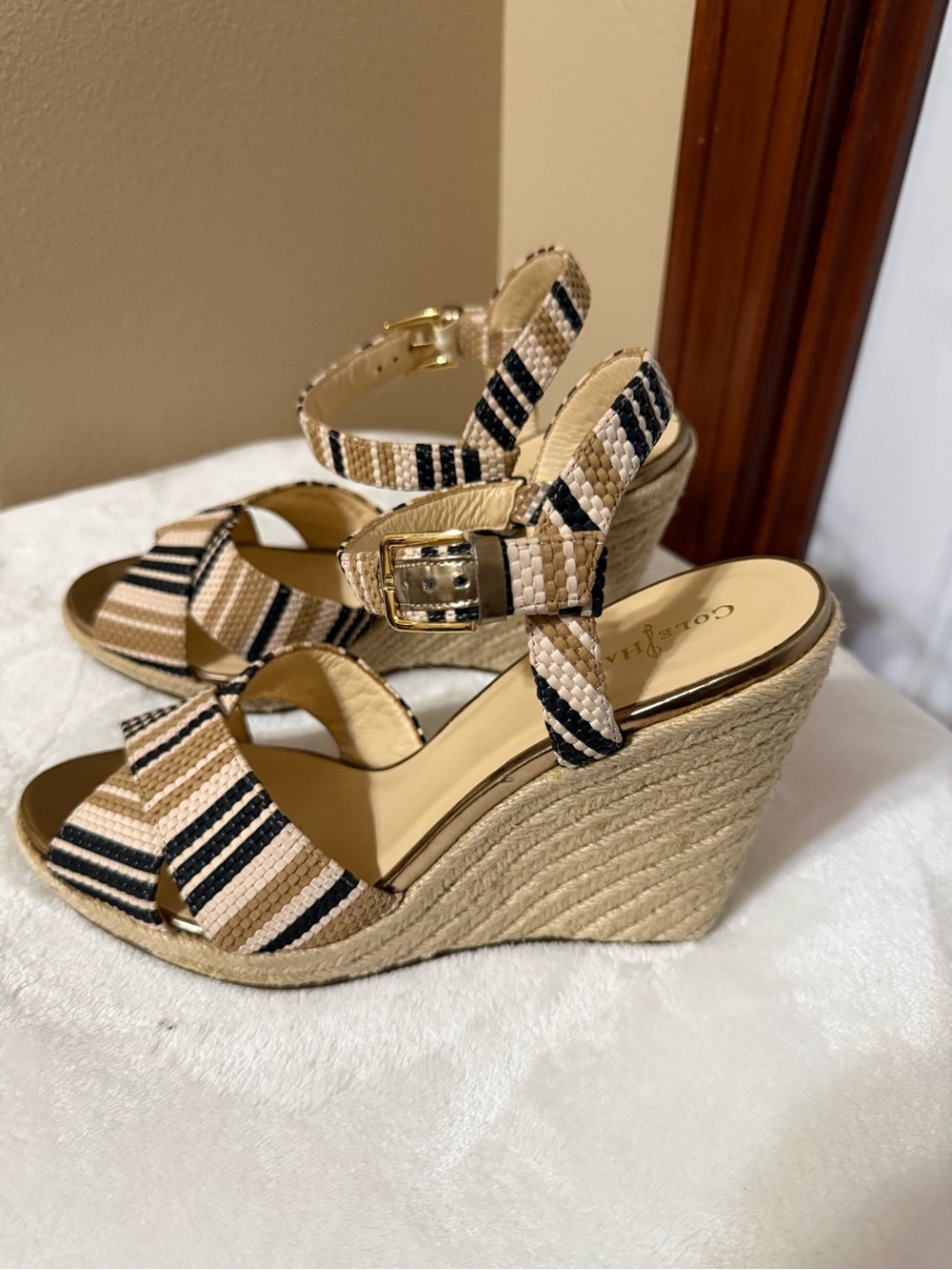 Cole Haan Hart Striped Raffia Espadrille Wedge Sandals